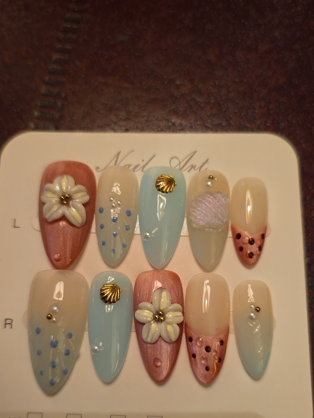 Floral Shell Accent Press-On Nail Set - Pink, Blue & Cream Size Large